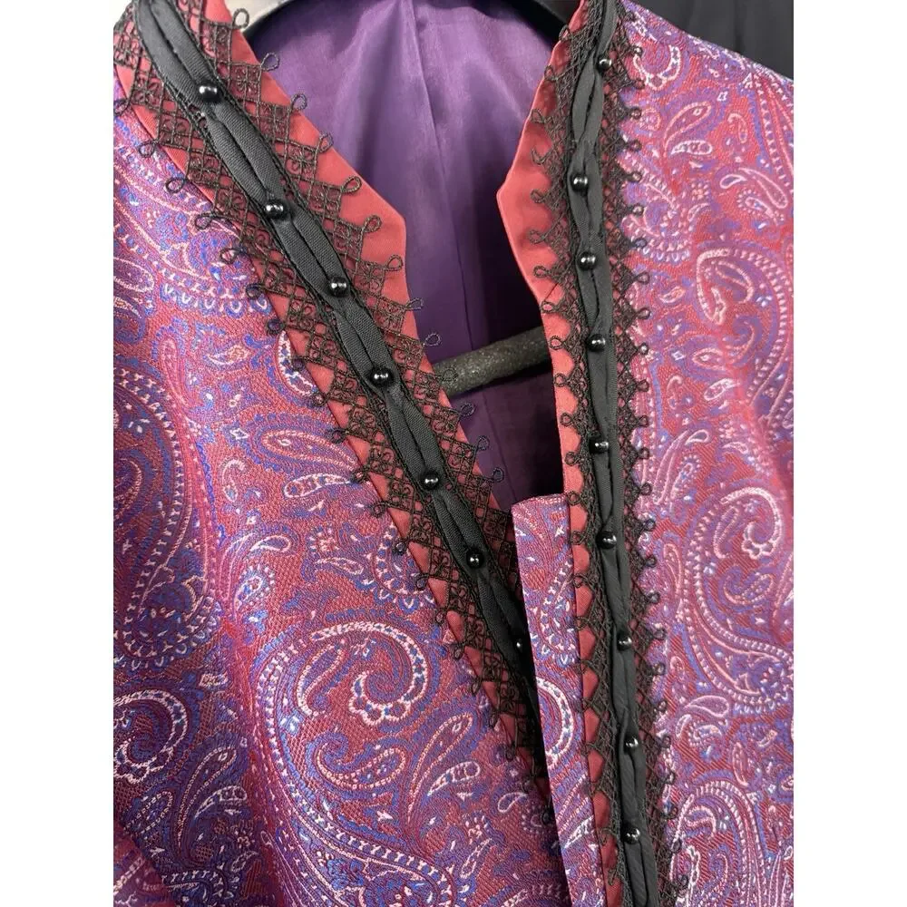 Pietro Scarlatti Mens Mandarin Suit Blazer Pants Paisley Red Blue US 46 EU 56 T8